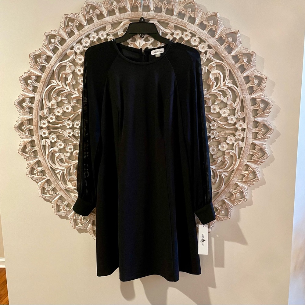 Calvin Klein Classic Black Dress With Sheer Sleeves, Size 8, Brand New With Tags